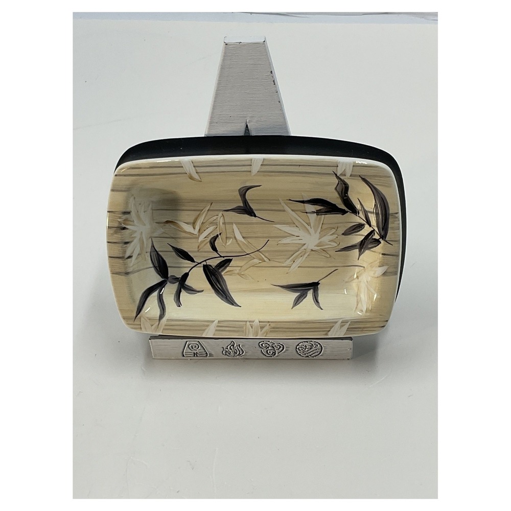 Vintage Bamboo Leaf Ceramic Soap‎ Dish Beige Black 5.25"